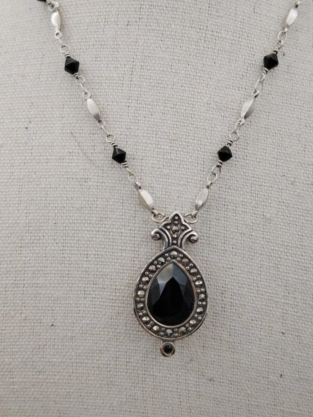 Vintage Brighton Reversible Jet Black Pendant Necklace w/ Marcasite Accents